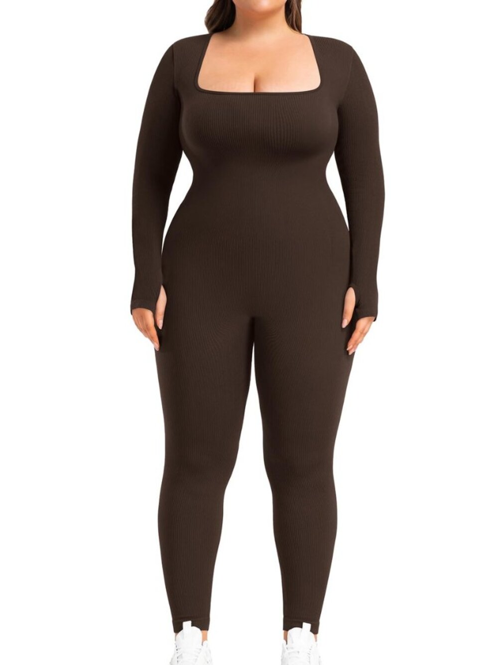Women's Yoga Jumpsuits Ribbed Workout Rompers Square Neck Long Sleeve Bodysuits